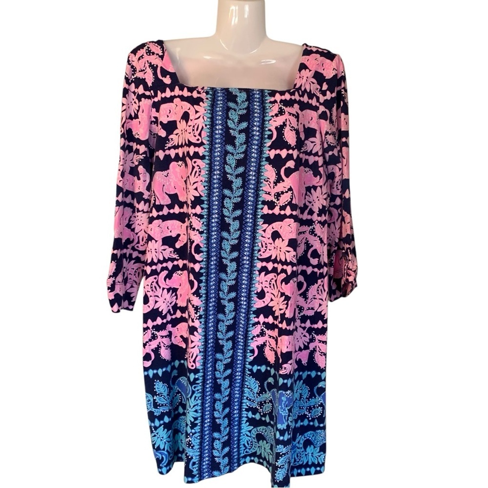 LILLY PULITZER Pink Navy Elephant Motif Knit 3/4 Sleeve Shift Dress Size S